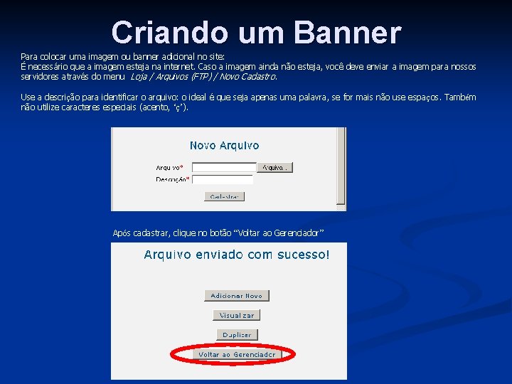 Criando um Banner Para colocar uma imagem ou banner adicional no site: É necessário