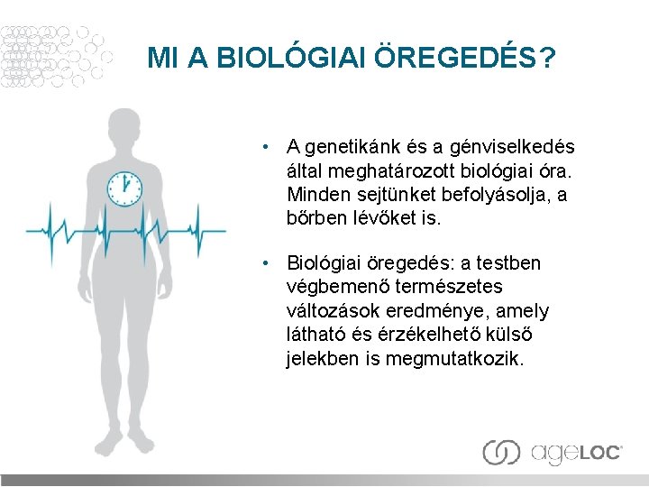 MI A BIOLÓGIAI ÖREGEDÉS? • A genetikánk és a génviselkedés által meghatározott biológiai óra.