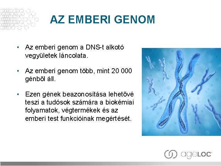 AZ EMBERI GENOM • Az emberi genom a DNS-t alkotó vegyületek láncolata. • Az