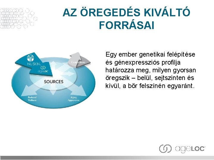 AZ ÖREGEDÉS KIVÁLTÓ FORRÁSAI Egy ember genetikai felépítése és génexpressziós profilja határozza meg, milyen