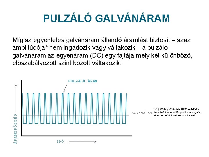 PULZÁLÓ GALVÁNÁRAM Míg az egyenletes galvánáram állandó áramlást biztosít – azaz amplitúdója* nem ingadozik