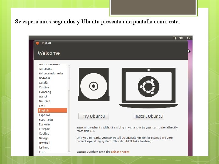 Se espera unos segundos y Ubuntu presenta una pantalla como esta: 