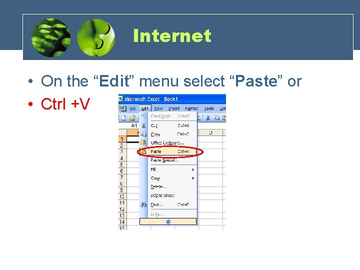 Internet • On the “Edit” menu select “Paste” or • Ctrl +V 