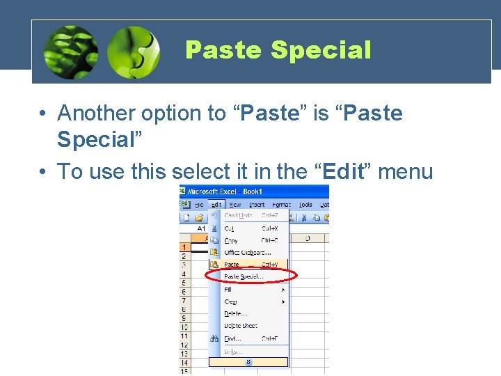 Paste Special • Another option to “Paste” is “Paste Special” • To use this