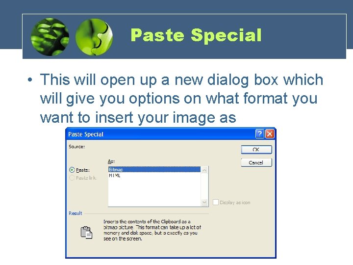 Paste Special • This will open up a new dialog box which will give