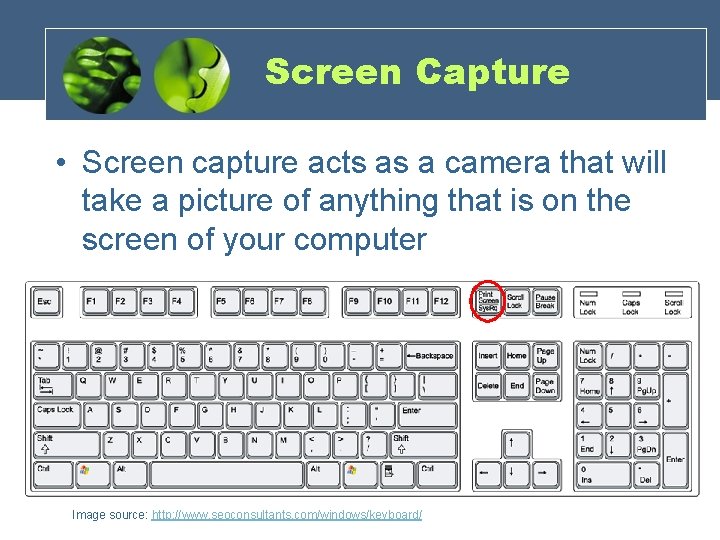 Screen Capture • Screen capture acts as a camera that will take a picture