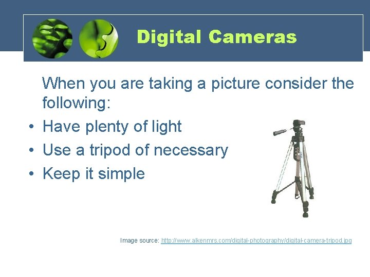 Digital Cameras When you are taking a picture consider the following: • Have plenty