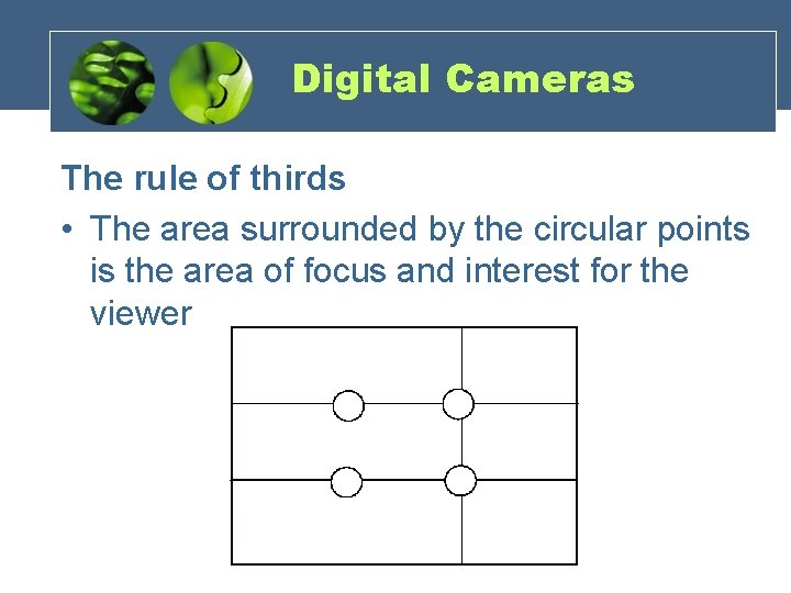 Digital Cameras The rule of thirds • The area surrounded by the circular points