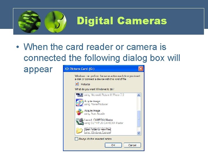 Digital Cameras • When the card reader or camera is connected the following dialog