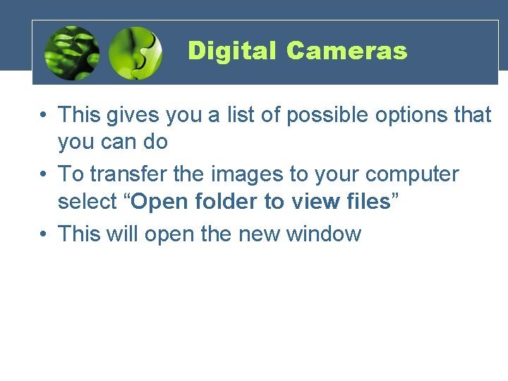 Digital Cameras • This gives you a list of possible options that you can