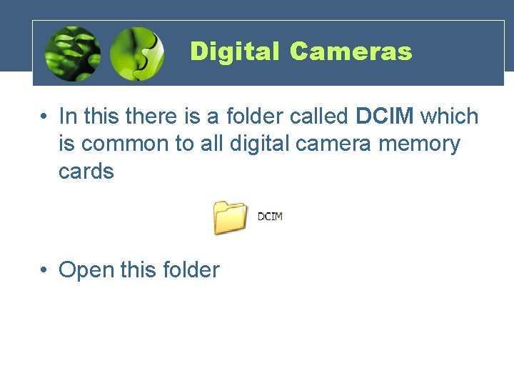 Digital Cameras • In this there is a folder called DCIM which is common