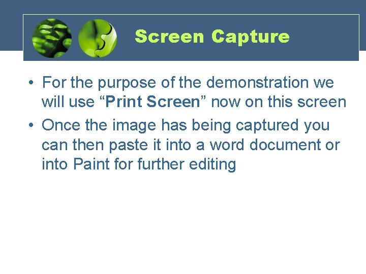 Screen Capture • For the purpose of the demonstration we will use “Print Screen”