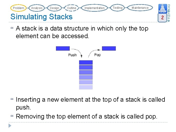 Analysis Design Outline Implementation Testing Maintenance Simulating Stacks 2 A stack is a data