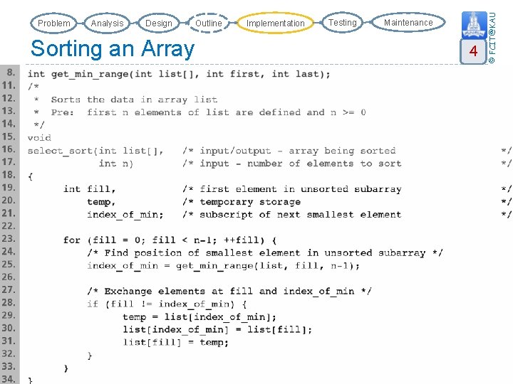 Analysis Design Outline Sorting an Array Implementation Testing Maintenance 4 © FCIT@KAU Problem 