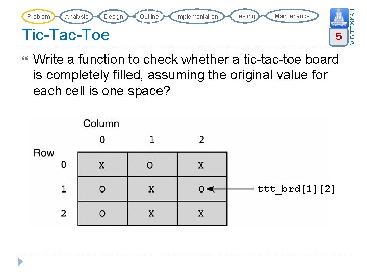 Analysis Design Tic-Tac-Toe Outline Implementation Testing Maintenance 5 Write a function to check whether