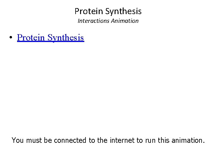 Protein Synthesis Interactions Animation • Protein Synthesis You must be connected to the internet Protein Synthesis Interactions Animation • Protein Synthesis You must be connected to the internet