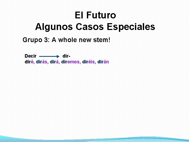 El Futuro Algunos Casos Especiales Grupo 3: A whole new stem! Decir dirdiré, dirás,