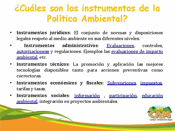 ¿Cuáles son los instrumentos de la Política Ambiental? • Instrumentos jurídicos: El conjunto de