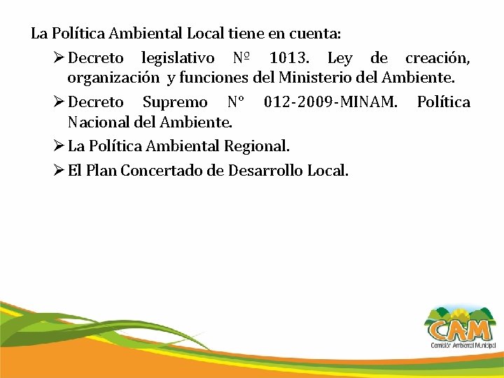 La Política Ambiental Local tiene en cuenta: Ø Decreto legislativo Nº 1013. Ley de