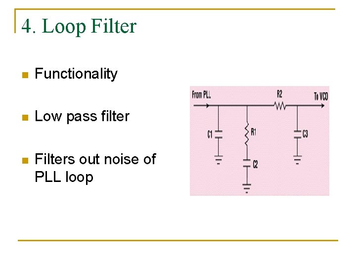 4. Loop Filter n Functionality n Low pass filter n Filters out noise of