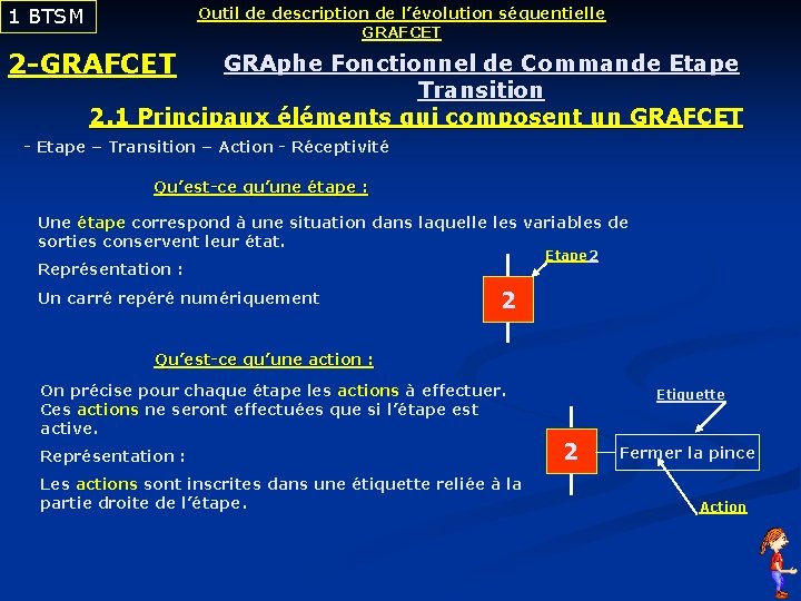 1 BTSM Outil de description de l’évolution séquentielle GRAFCET 2 -GRAFCET GRAphe Fonctionnel de