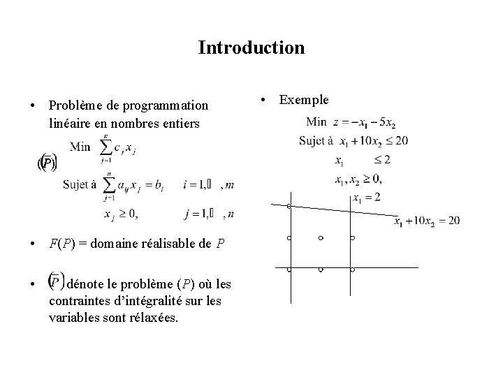 Introduction • Problème de programmation linéaire en nombres entiers (P) • F(P) = domaine