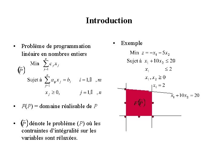 Introduction • Problème de programmation linéaire en nombres entiers • F(P) = domaine réalisable