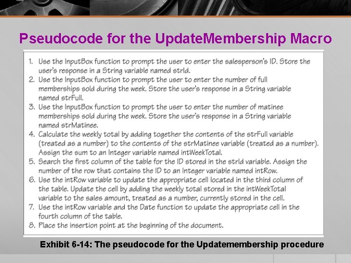 Pseudocode for the Update. Membership Macro Exhibit 6 -14: The pseudocode for the Updatemembership Pseudocode for the Update. Membership Macro Exhibit 6 -14: The pseudocode for the Updatemembership