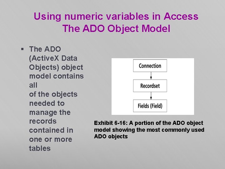 Using numeric variables in Access The ADO Object Model § The ADO (Active. X Using numeric variables in Access The ADO Object Model § The ADO (Active. X