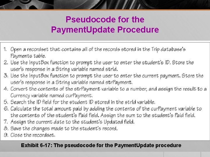 Pseudocode for the Payment. Update Procedure Exhibit 6 -17: The pseudocode for the Payment. Pseudocode for the Payment. Update Procedure Exhibit 6 -17: The pseudocode for the Payment.