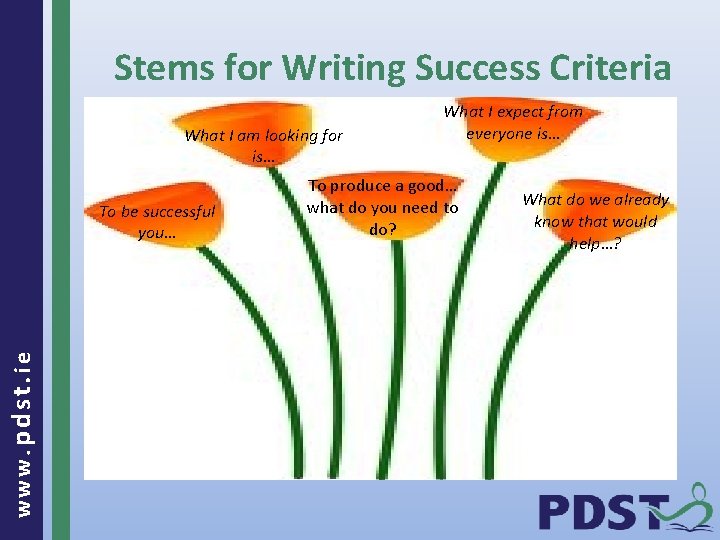 Stems for Writing Success Criteria www. pdst. ie What I am looking for is…