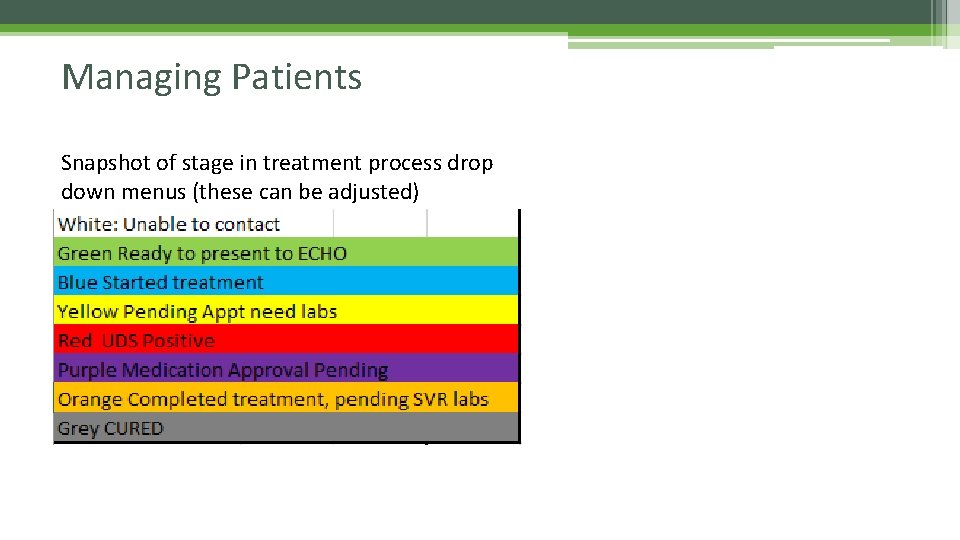Managing Patients Snapshot of stage in treatment process drop down menus (these can be