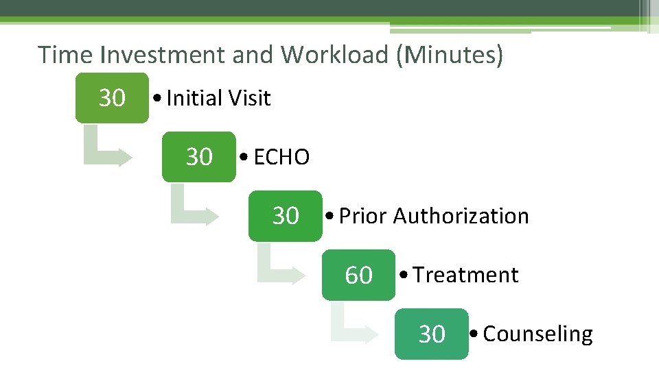 Time Investment and Workload (Minutes) 30 • Initial Visit 30 • ECHO 30 •