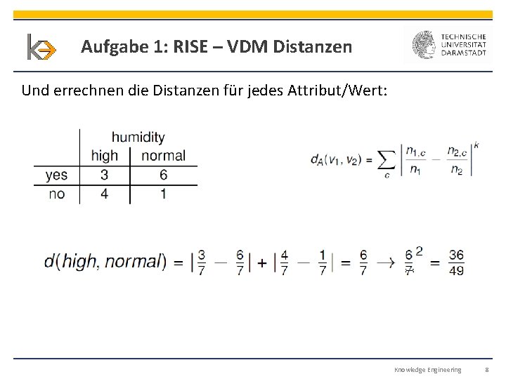 Aufgabe 1: RISE – VDM Distanzen Und errechnen die Distanzen für jedes Attribut/Wert: Knowledge
