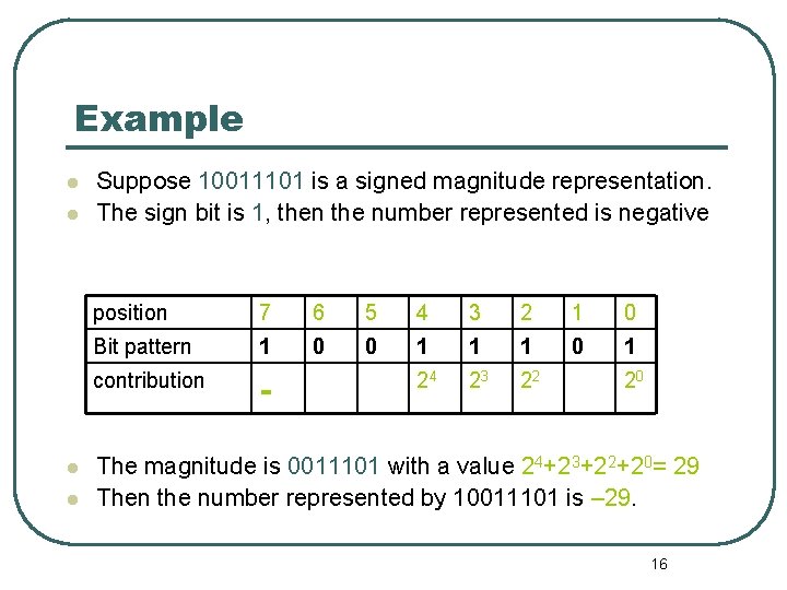 Example Suppose 10011101 is a signed magnitude representation. The sign bit is 1, then Example Suppose 10011101 is a signed magnitude representation. The sign bit is 1, then