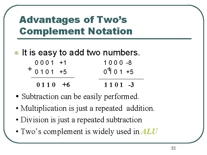 Advantages of Two’s Complement Notation It is easy to add two numbers. 0 0 Advantages of Two’s Complement Notation It is easy to add two numbers. 0 0