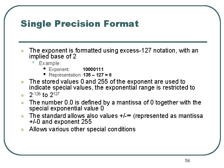 Single Precision Format The exponent is formatted using excess-127 notation, with an implied base Single Precision Format The exponent is formatted using excess-127 notation, with an implied base