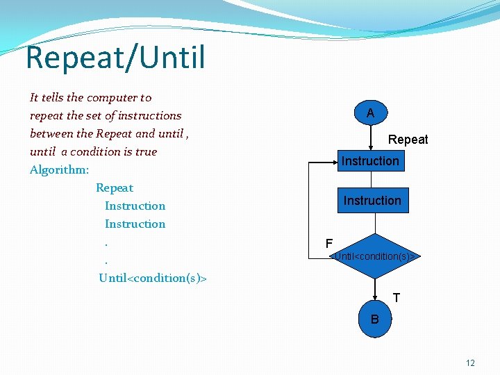 Repeat/Until It tells the computer to repeat the set of instructions between the Repeat