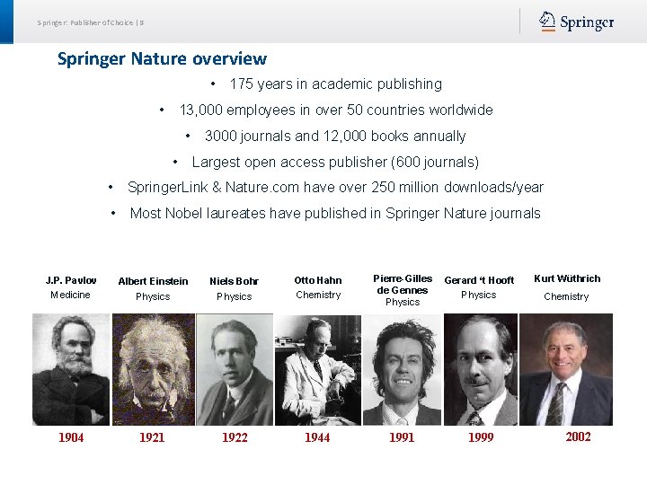 Springer: Publisher of Choice | 8 Springer Nature overview • 175 years in academic