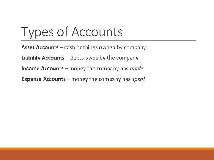 Types of Accounts Asset Accounts – cash or things owned by company Liability Accounts
