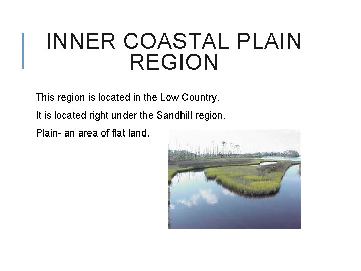 INNER COASTAL PLAIN REGION This region is located in the Low Country. It is