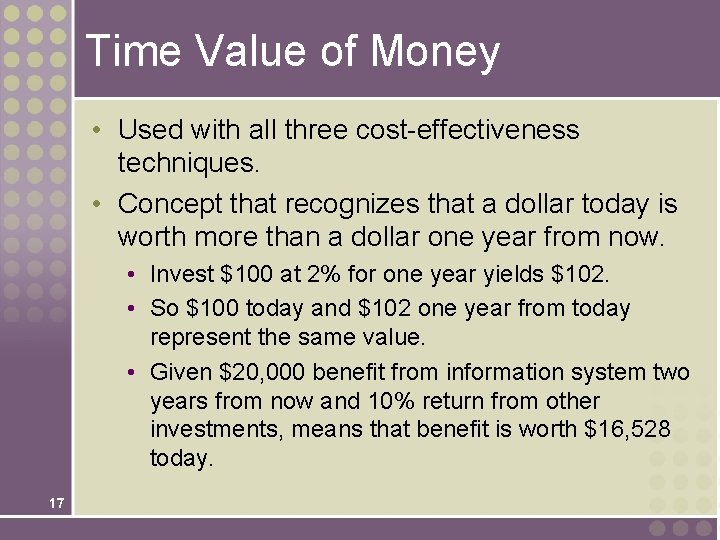 Time Value of Money • Used with all three cost-effectiveness techniques. • Concept that