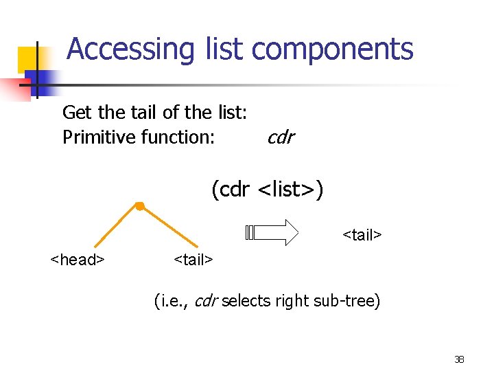Accessing list components Get the tail of the list: Primitive function: cdr (cdr <list>)