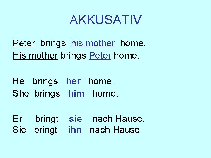 AKKUSATIV Peter brings his mother home. His mother brings Peter home. He brings her