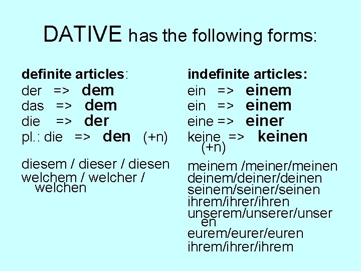 DATIVE has the following forms: definite articles: der => dem das => dem die