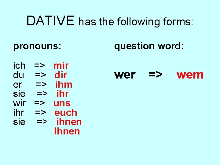 DATIVE has the following forms: pronouns: ich du er sie wir ihr sie =>
