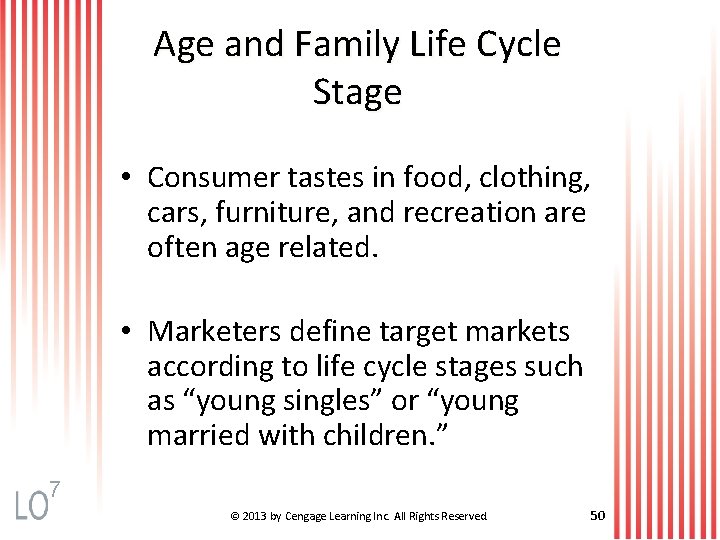 Age and Family Life Cycle Stage • Consumer tastes in food, clothing, cars, furniture,