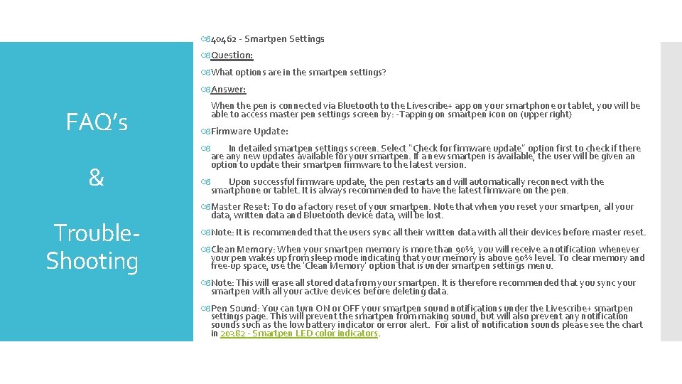  40462 - Smartpen Settings Question: What options are in the smartpen settings? Answer: