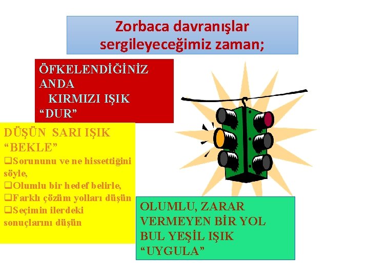 Zorbaca davranışlar sergileyeceğimiz zaman; ÖFKELENDİĞİNİZ ANDA KIRMIZI IŞIK “DUR” DÜŞÜN SARI IŞIK “BEKLE” q.