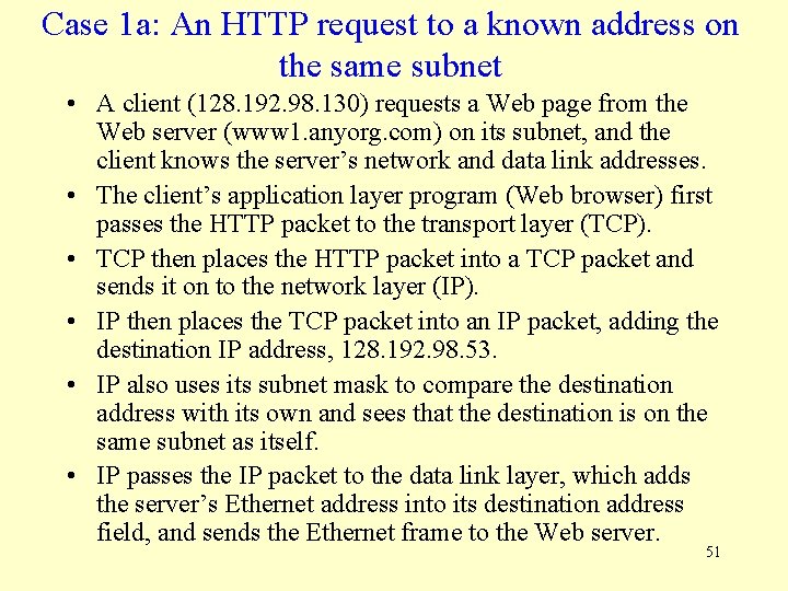 Case 1 a: An HTTP request to a known address on the same subnet